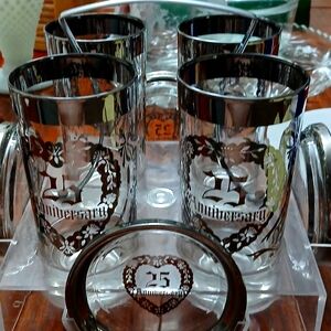 25th Anniversary Drinking Glasses  With Coasters and Stand.(Set of 4)